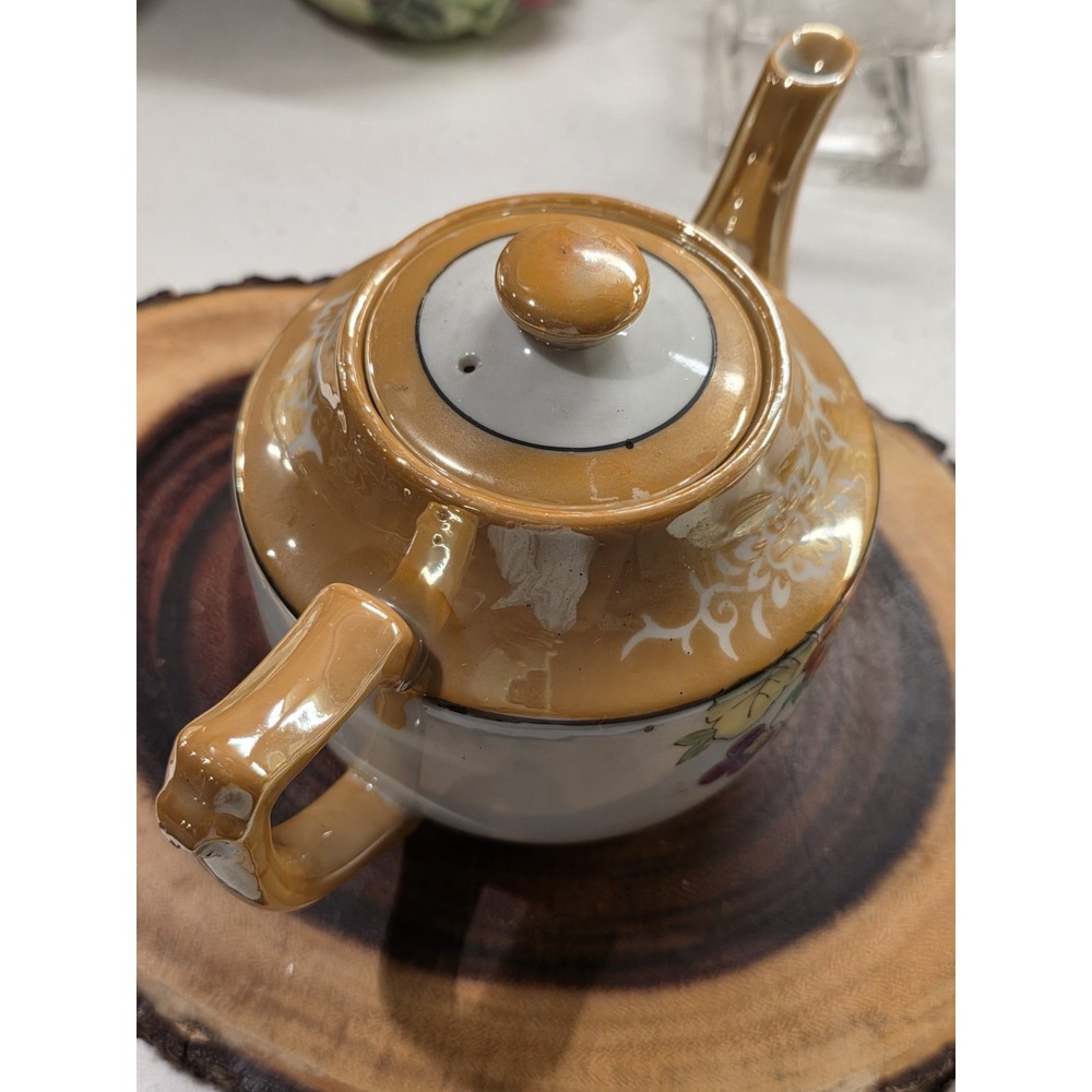 Vintage Japan Brown Floral Handpainted Lusterware Tea Pot With Lid - Picture 11 of 16